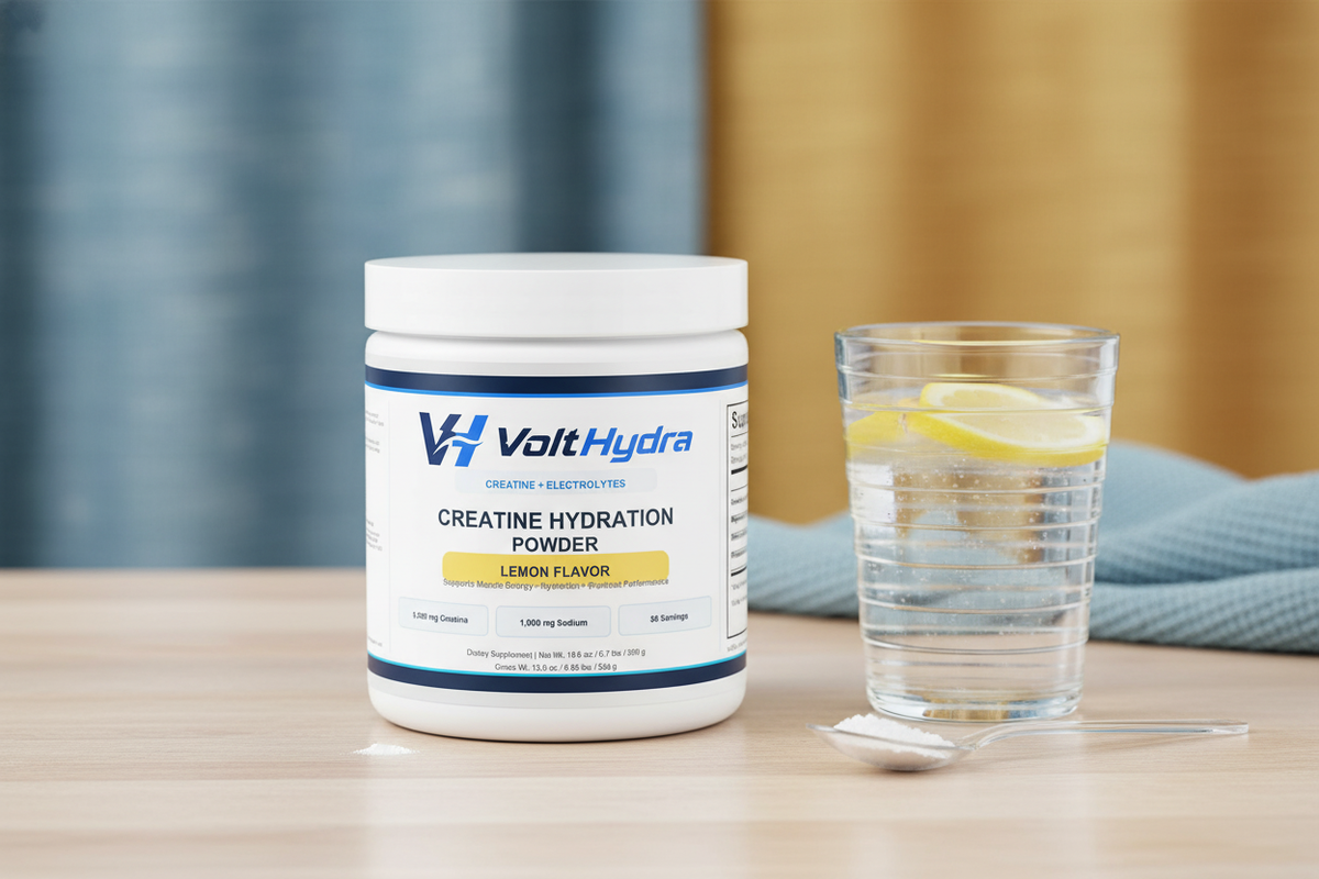VoltHydra Creatine Hydration Powder, lemon flavor, next to a glass of water with lemon slices on a light wooden surface.