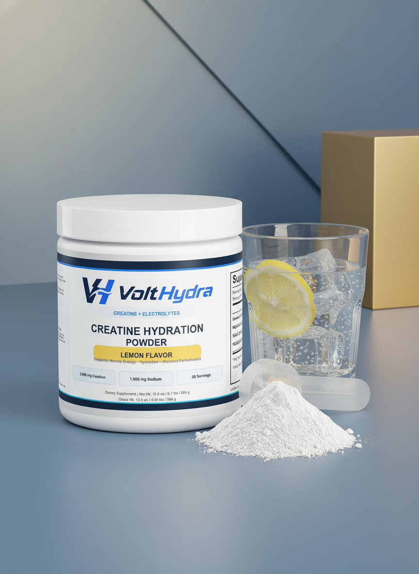VoltHydra Creatine Hydration Powder — Lemon container, front and center, with a clean, modern label design. The packaging fea